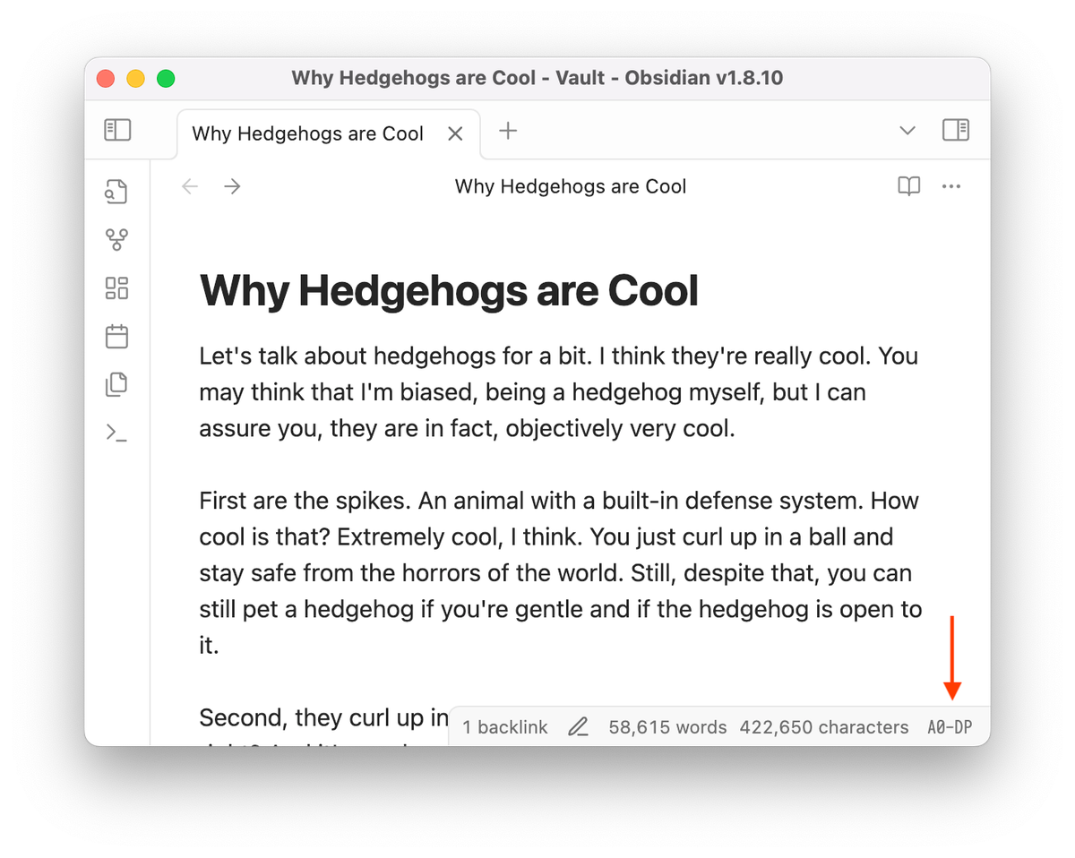 Obsidian with the Note Code plugin on the bottom right showing the code for a note about hedgehogs.